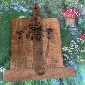 Wooden Cookbook Holder with Engraved Mushroom Design, New